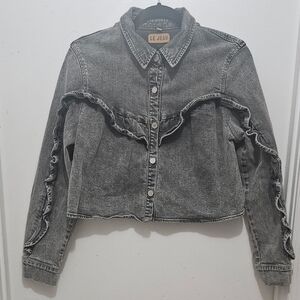 Le Jean by Charlie Gay Women’s Black Denim Ruffle Button-Up Jacket Cropped Jean